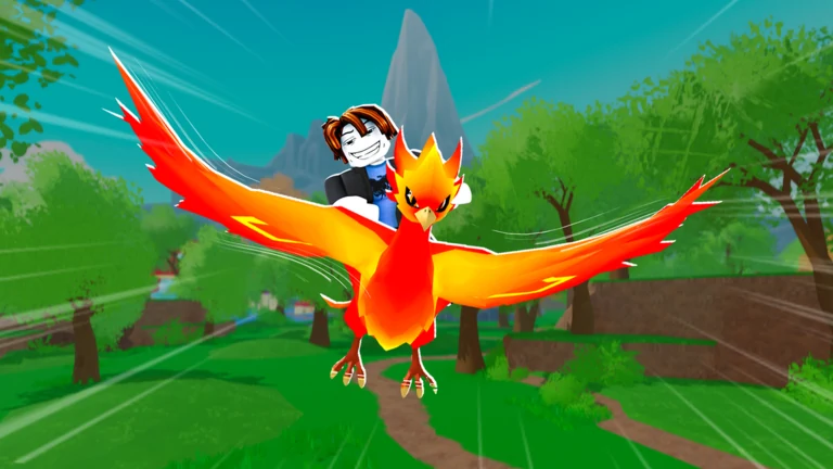 A fiery phoenix carries a Roblox rider through the Ride A Pet world.